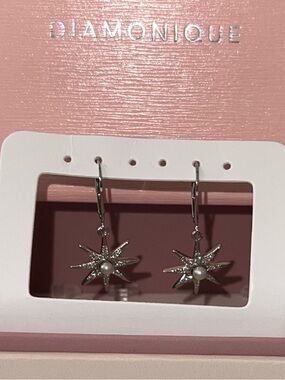 Diamonique Silver Starburst Pearl Drop Earrings with simulated Diamond Accents